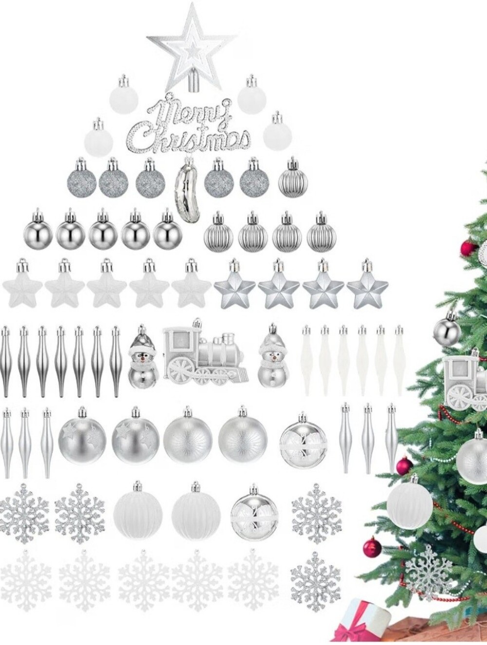 Silver Christmas Tree Ornament Set -73 Pieces. NWT.